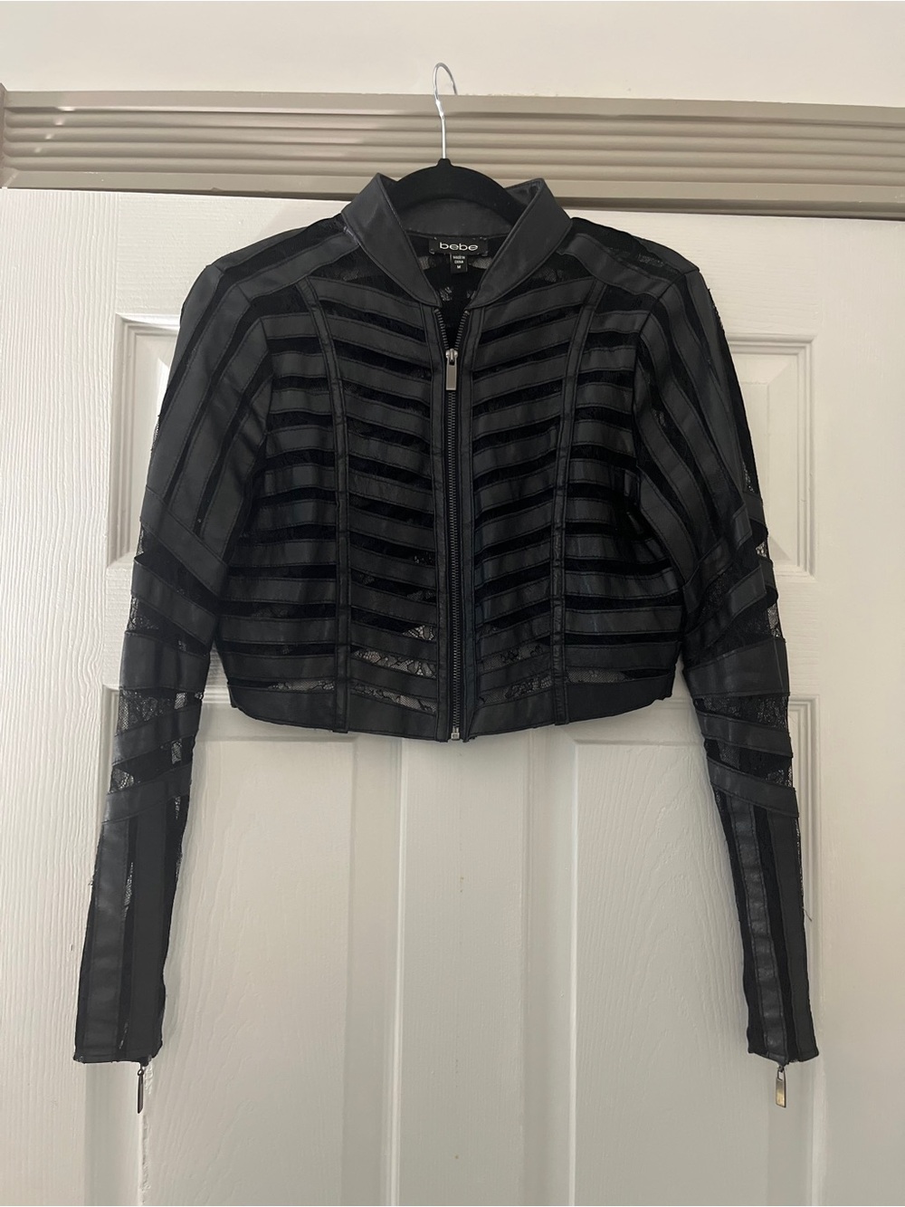 bebe Black Mesh Cropped Zip-Front Jacket
